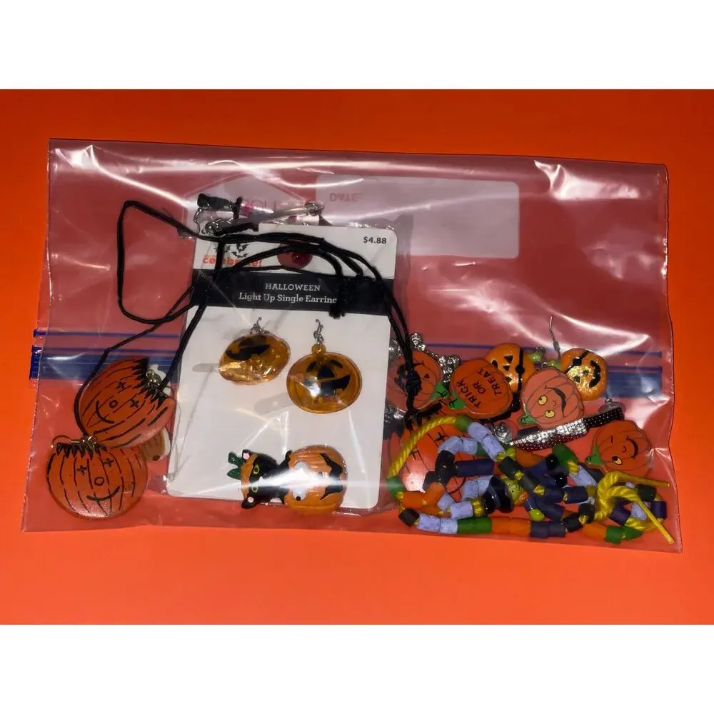 Halloween Costume Jewelry Lot Pumpkin Skull Bat Knife Witch Earrings Necklace